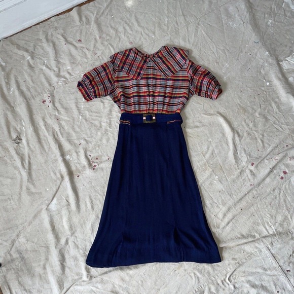 Vintage 1930s Rayon Crepe And Plaid Taffeta Puff Sleeve Midi Dress Deco Antique - Picture 1 of 12